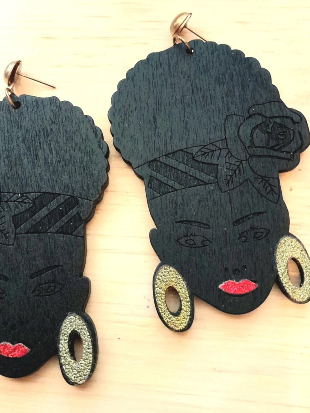 Black Woman Afro Statement Earrings โ Red Lips & Gold Glitter โ Pierced